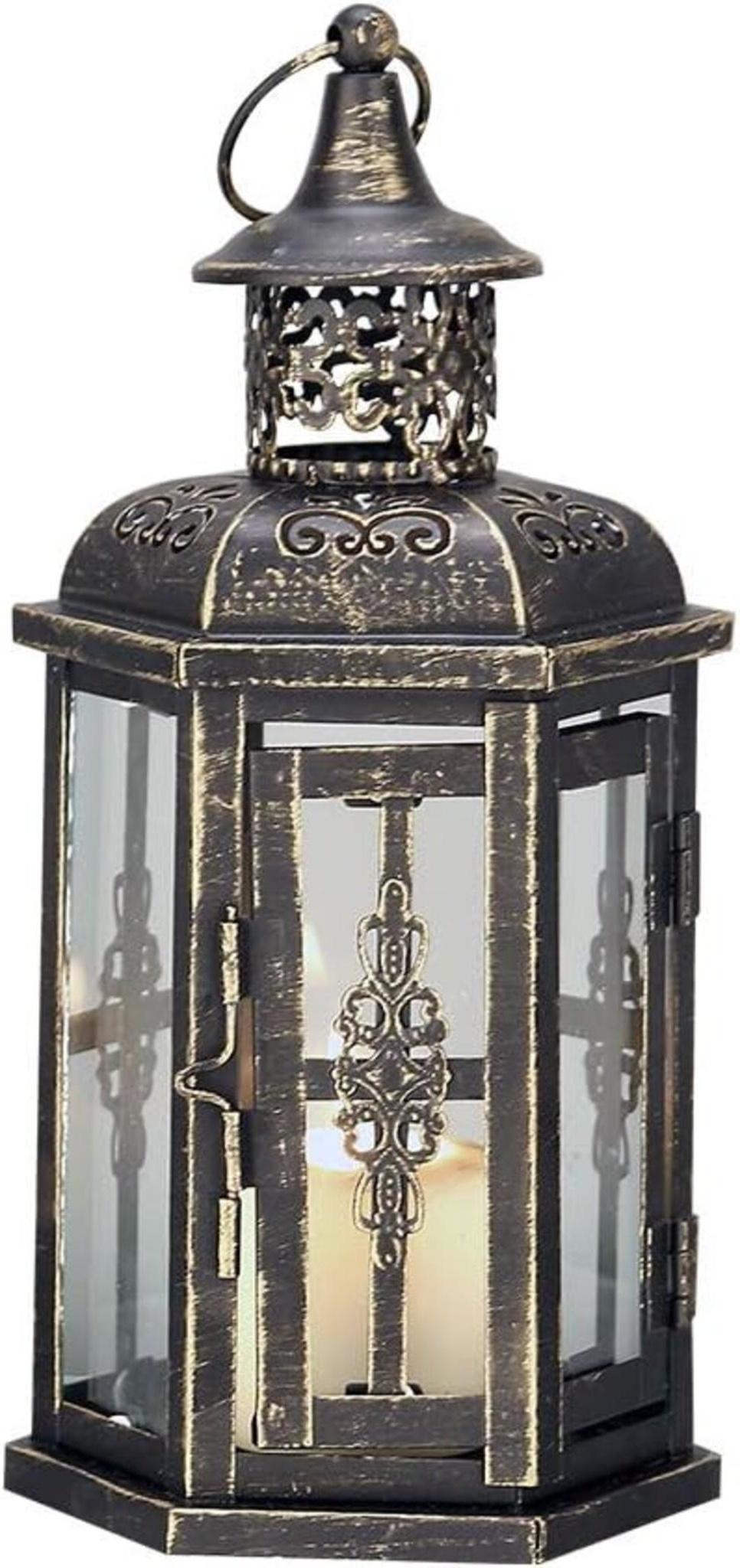 10" Black Distressed Metal And Glass Filigree Tabletop Lantern Candle Holder