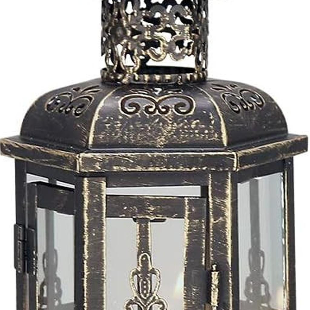 10" Black Distressed Metal And Glass Filigree Tabletop Lantern Candle Holder