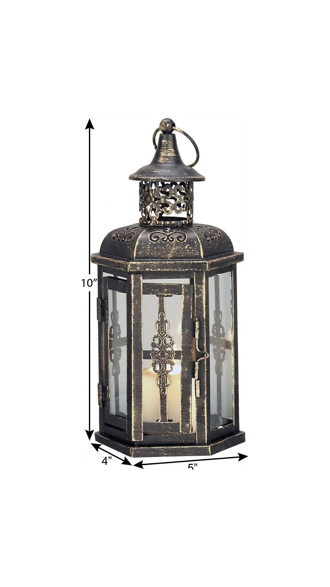 10" Black Distressed Metal And Glass Filigree Tabletop Lantern Candle Holder