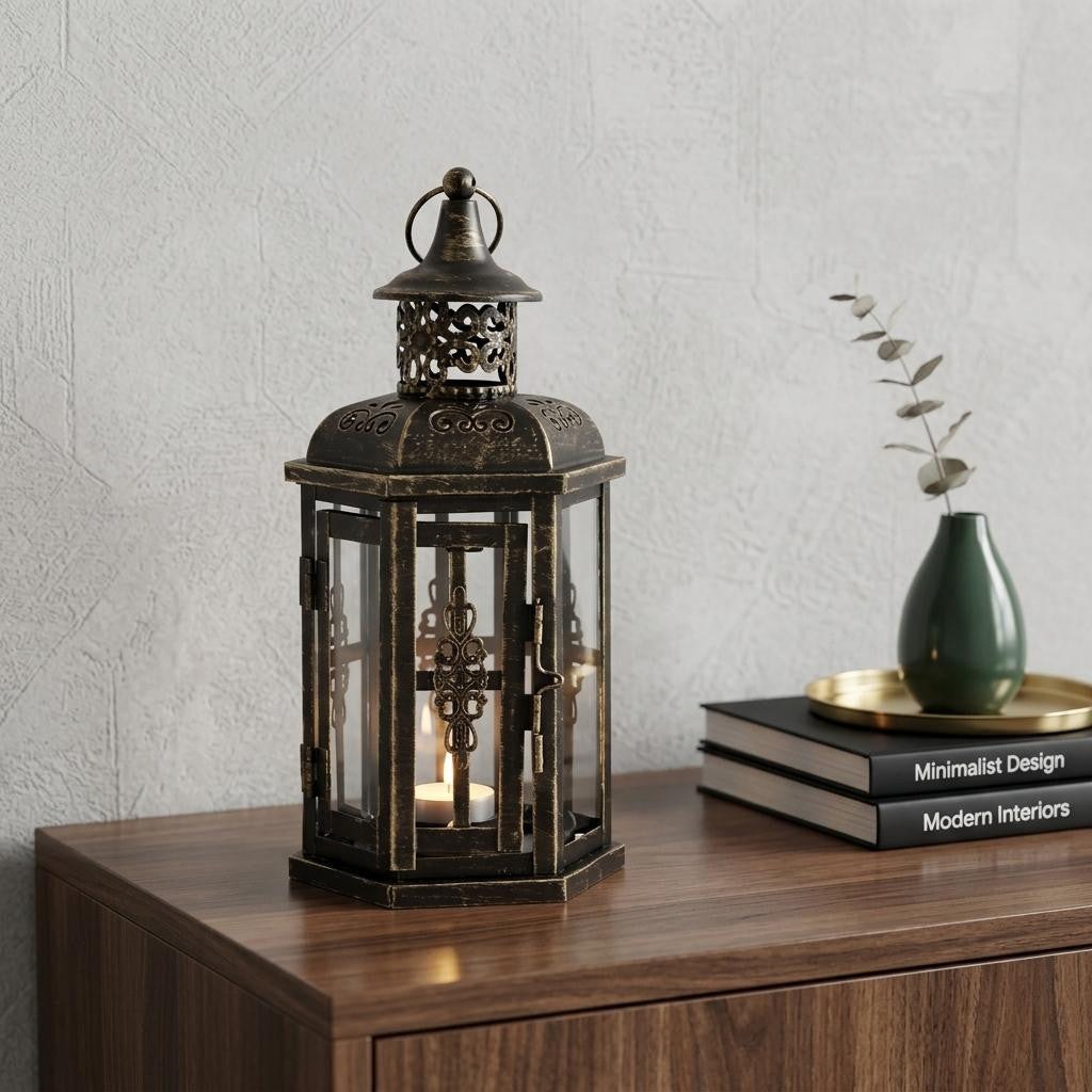 10" Black Distressed Metal And Glass Filigree Tabletop Lantern Candle Holder