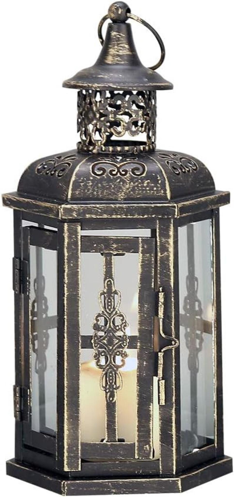10" Black Distressed Metal And Glass Filigree Tabletop Lantern Candle Holder