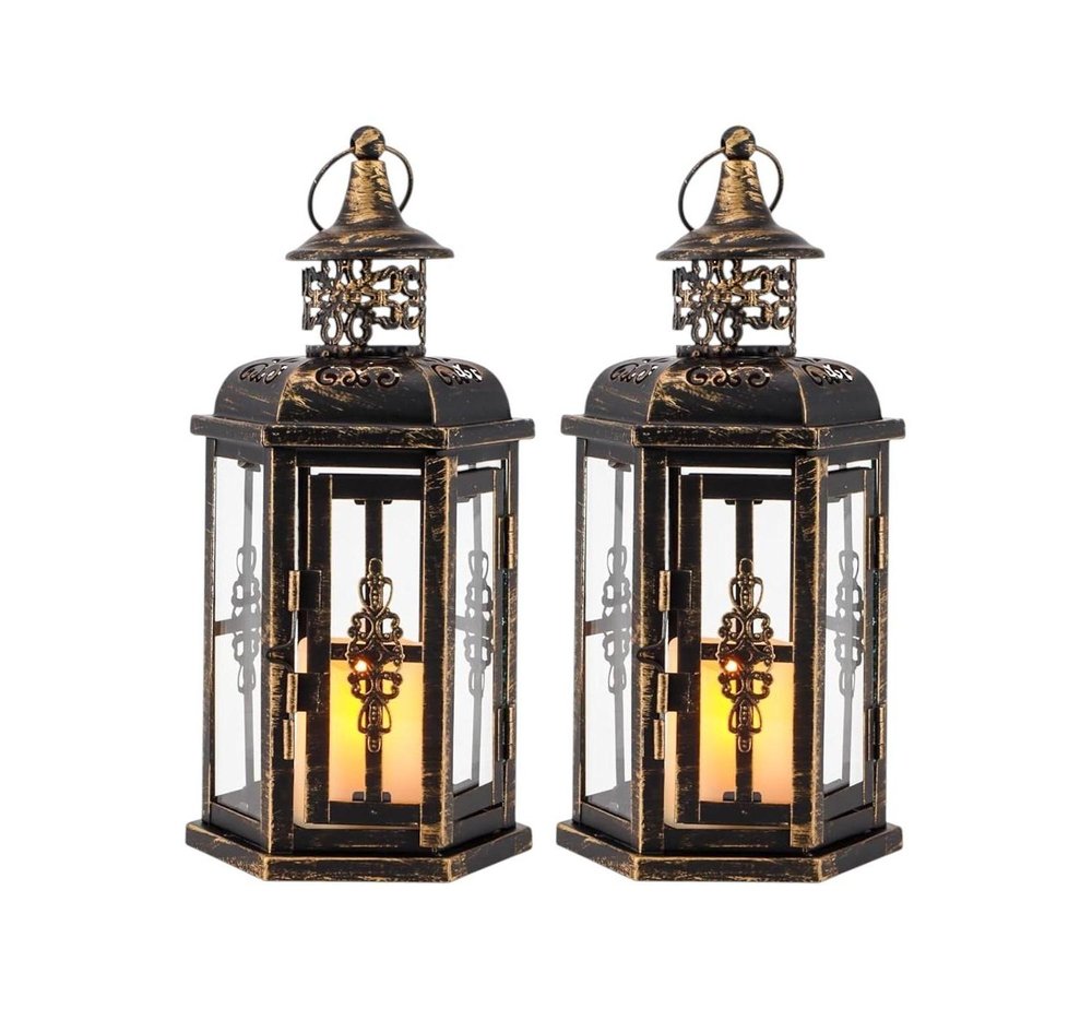 Set of Two Black Distressed Metal And Glass Filigree Tabletop Lantern Candle Holders