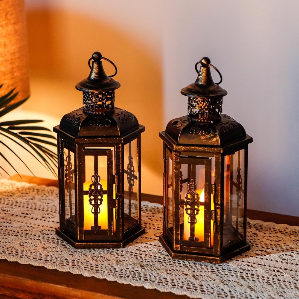 Set of Two Black Distressed Metal And Glass Filigree Tabletop Lantern Candle Holders