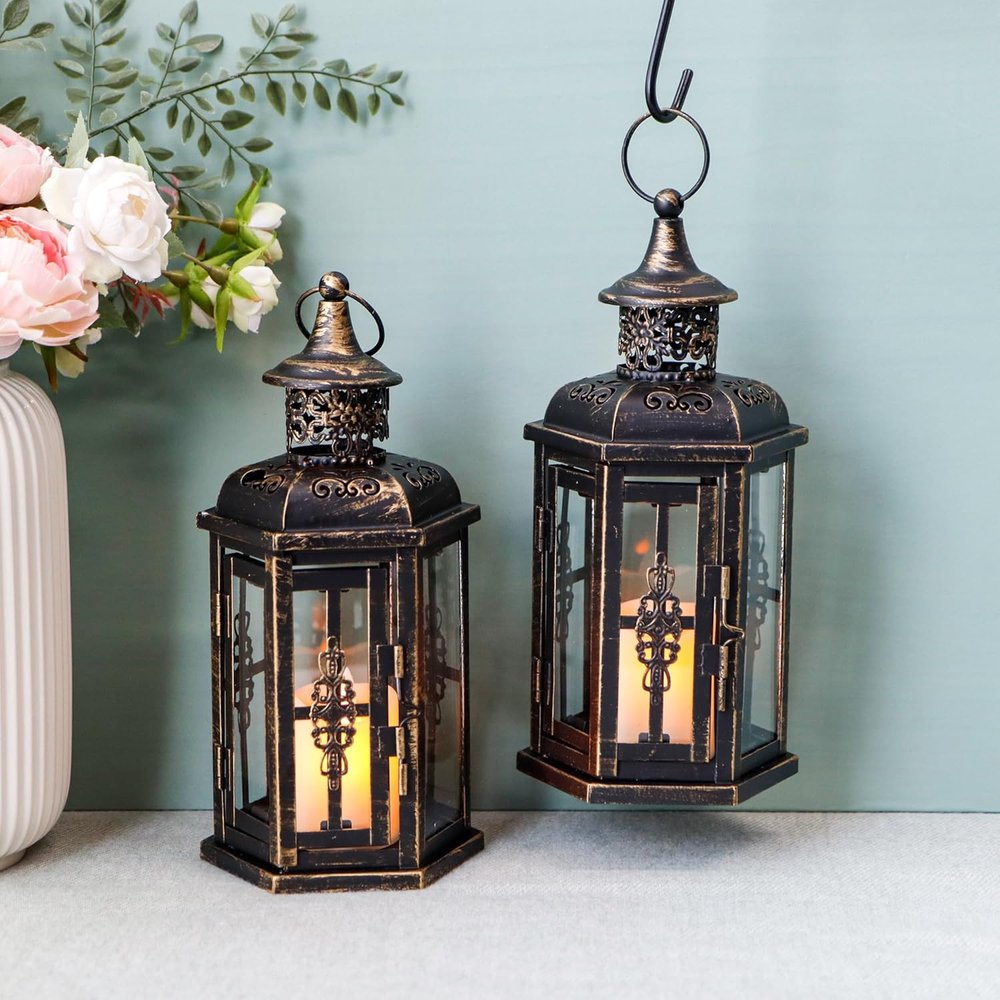 Set of Two Black Distressed Metal And Glass Filigree Tabletop Lantern Candle Holders