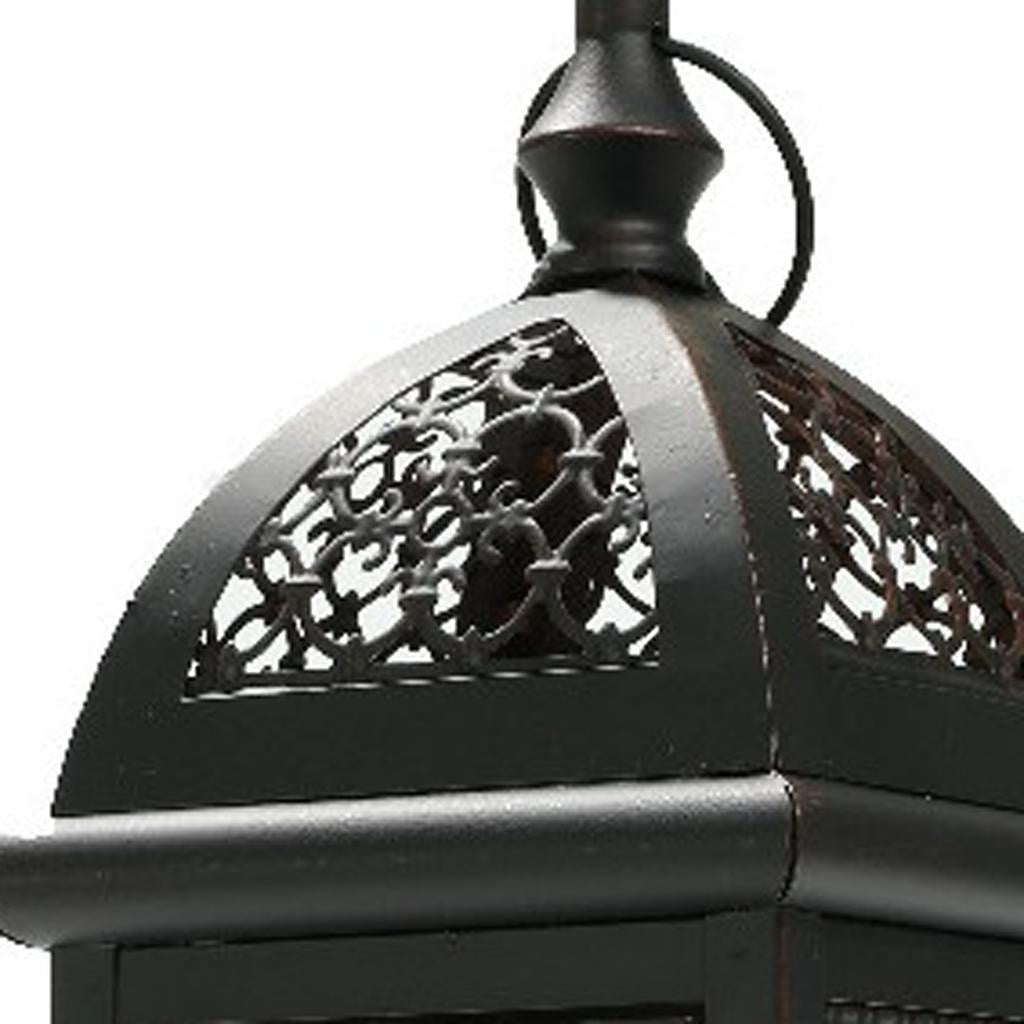 15" Black And Clear Metal And Glass Filigree Tabletop Lantern Candle Holder