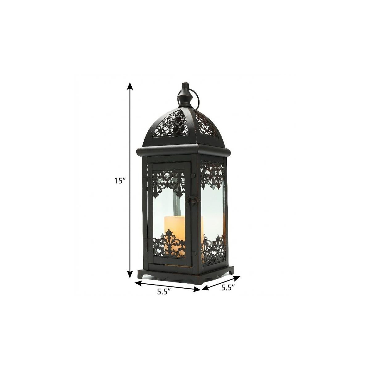 15" Black And Clear Metal And Glass Filigree Tabletop Lantern Candle Holder