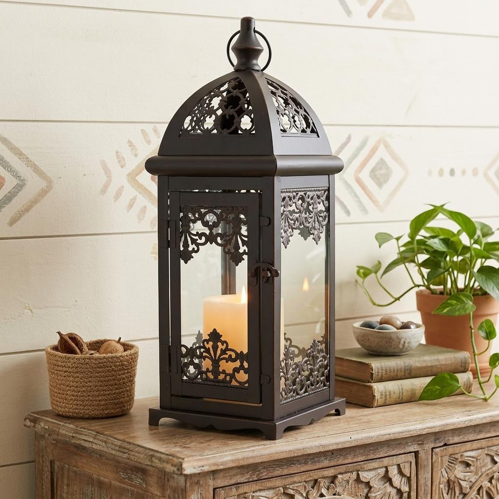 15" Black And Clear Metal And Glass Filigree Tabletop Lantern Candle Holder