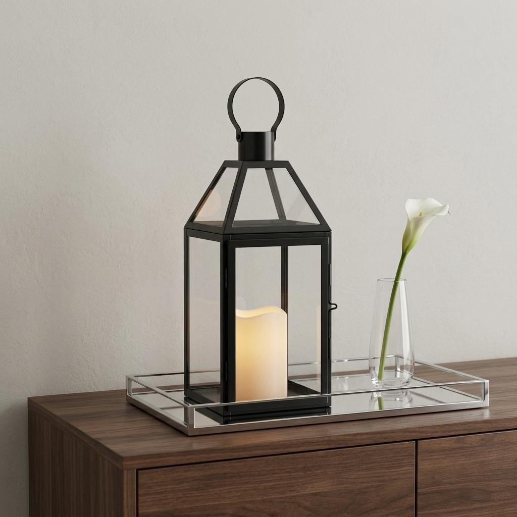16" Black And Clear Glass And Metal Tabletop Lantern Candle Holder