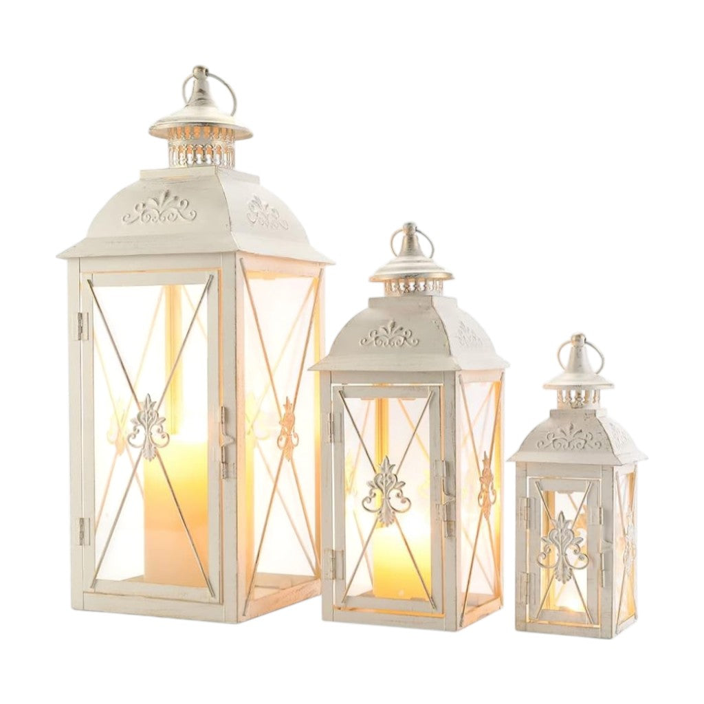 Set of Three White And Clear Filigree Scroll Metal And Glass Tabletop Lantern Candle Holders