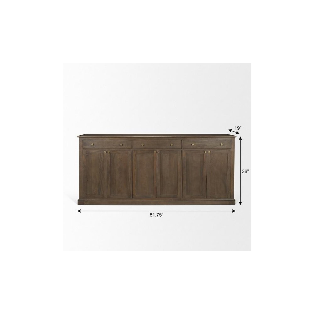 82" Brown Solid Wood Three Drawer Sideboard With Six Doors