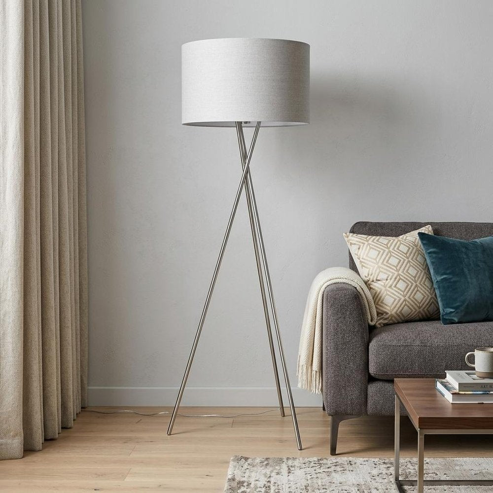 62" Beige Metal Tripod Floor Lamp With Beige Fabric Drum Shade