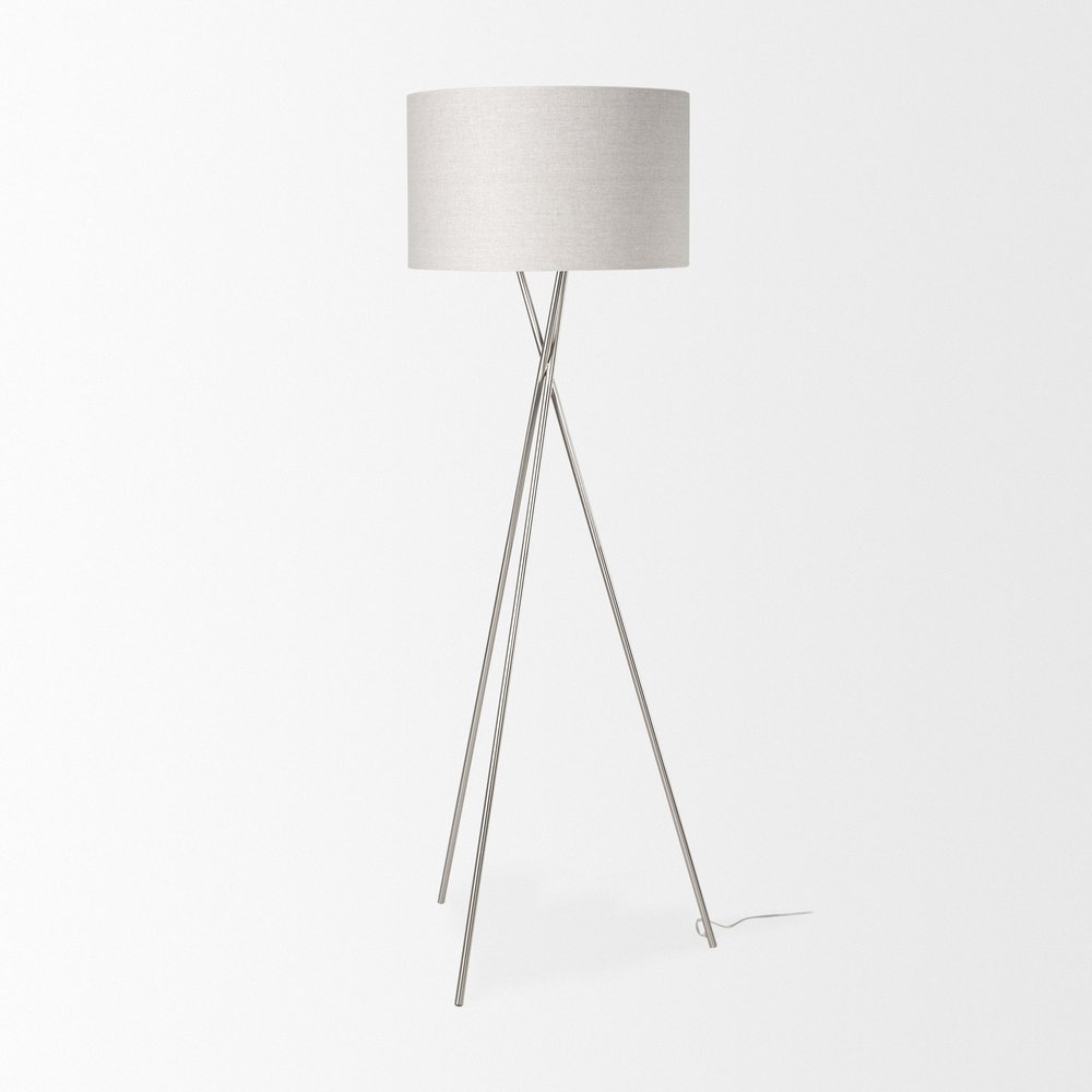 62" Beige Metal Tripod Floor Lamp With Beige Fabric Drum Shade