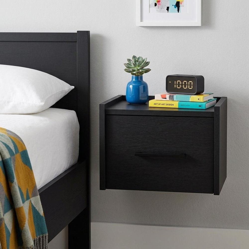 14" Black Wood One Drawer Floating Nightstand