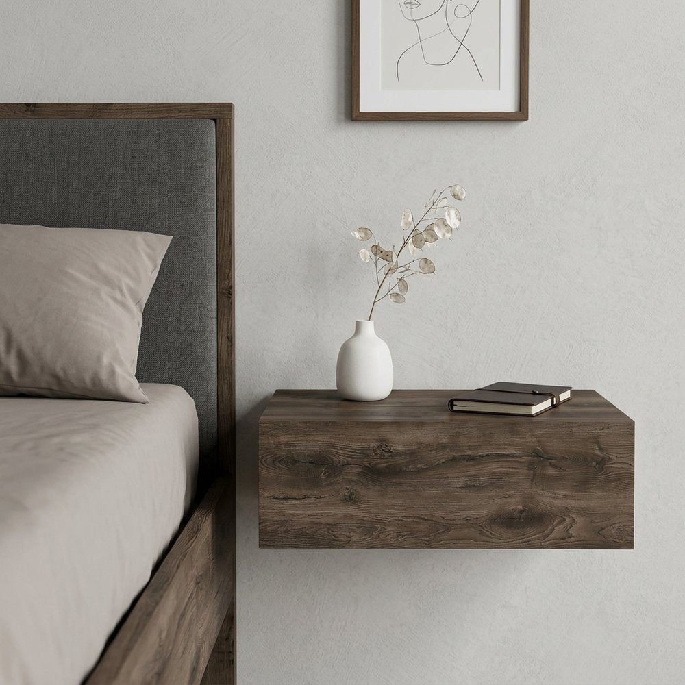 16" Brown Wood One Drawer Floating Nightstand
