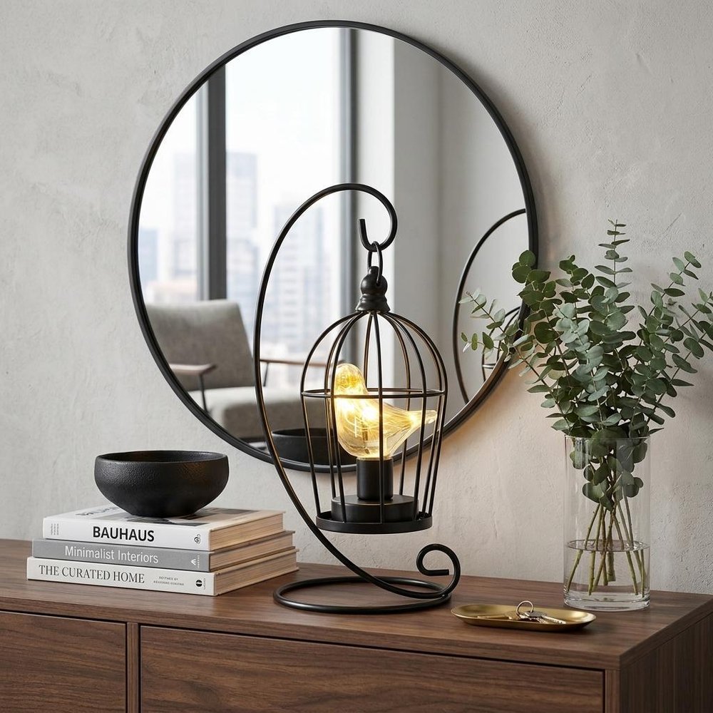 13" Black Metal Pierced Novelty Desk Lamp With Cage Shade