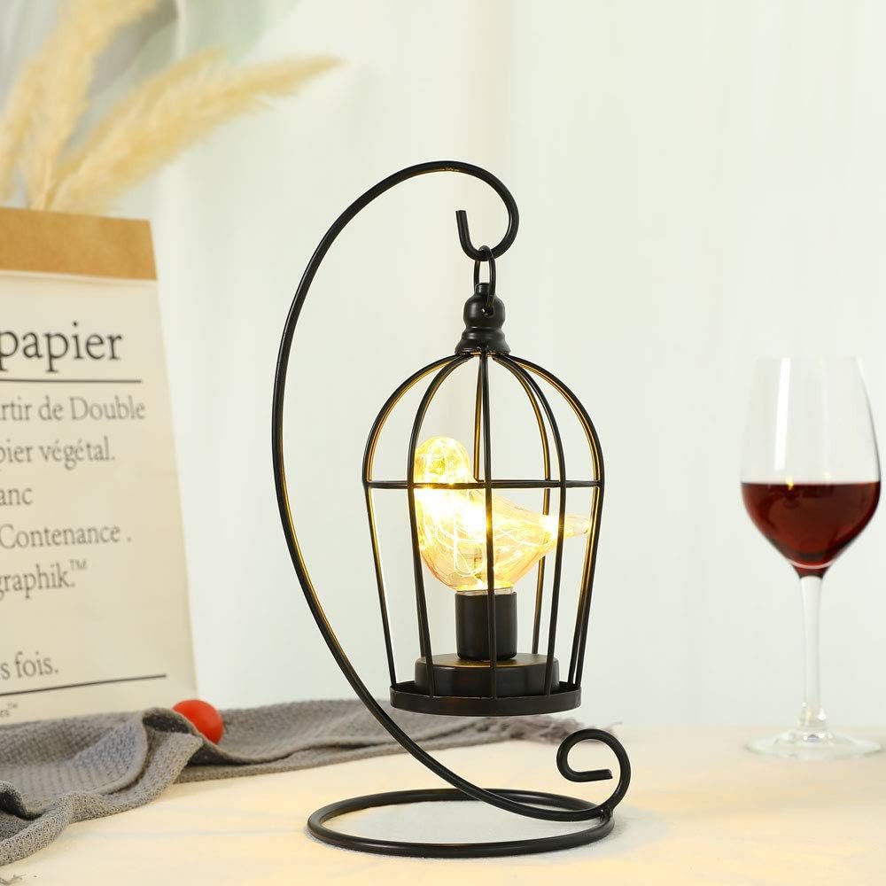 13" Black Metal Pierced Novelty Desk Lamp With Cage Shade