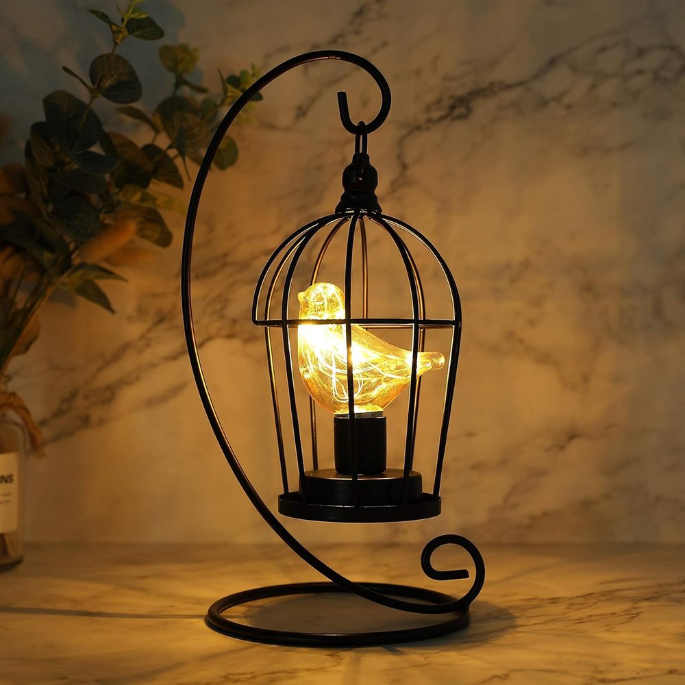 13" Black Metal Pierced Novelty Desk Lamp With Cage Shade