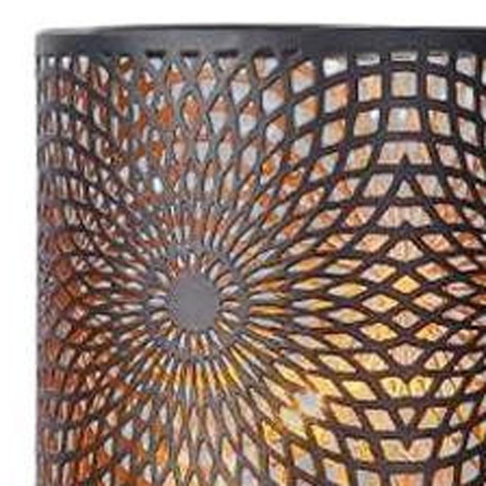 8" Black Metal Pierced Geometric Desk Lamp With Cylinder Shade