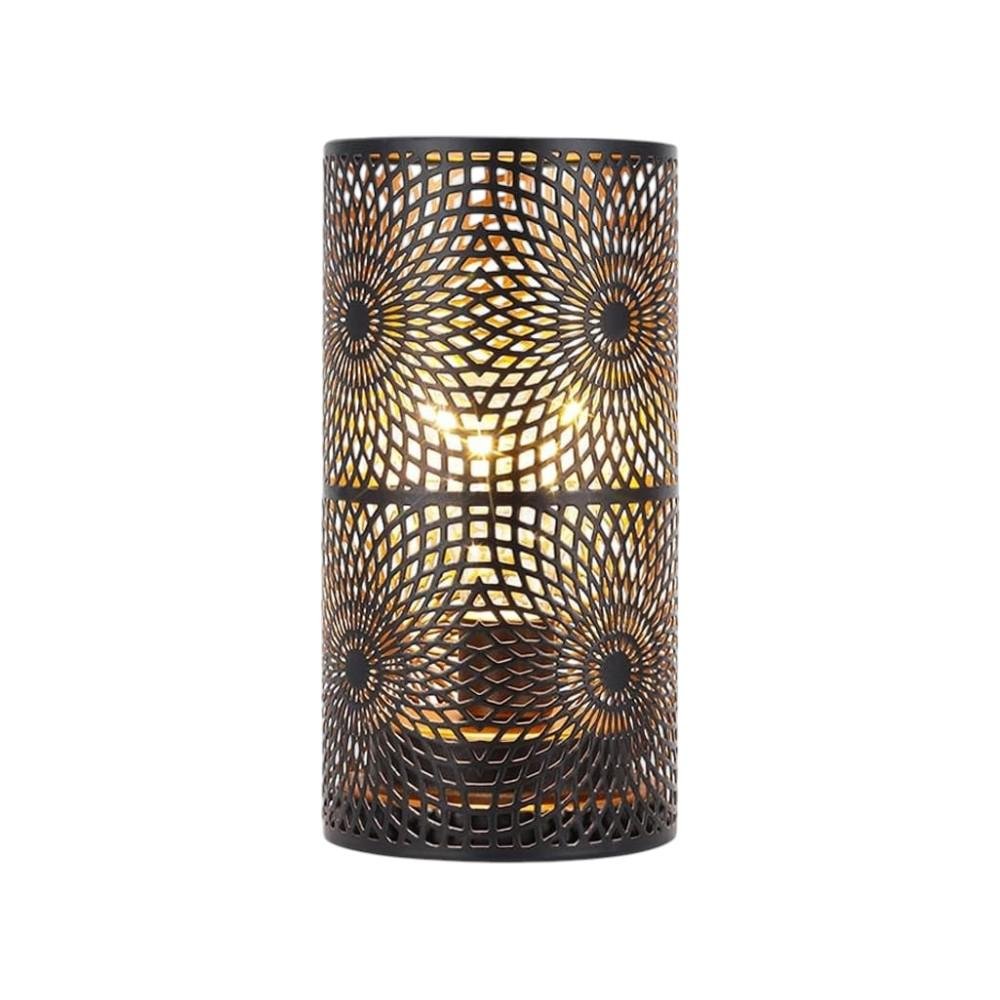 8" Black Metal Pierced Geometric Desk Lamp With Cylinder Shade