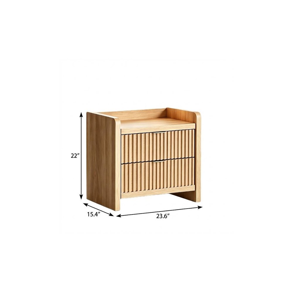 22" Natural Wood Ribbed Texture And Mirrored Glass Two Drawer Nightstand