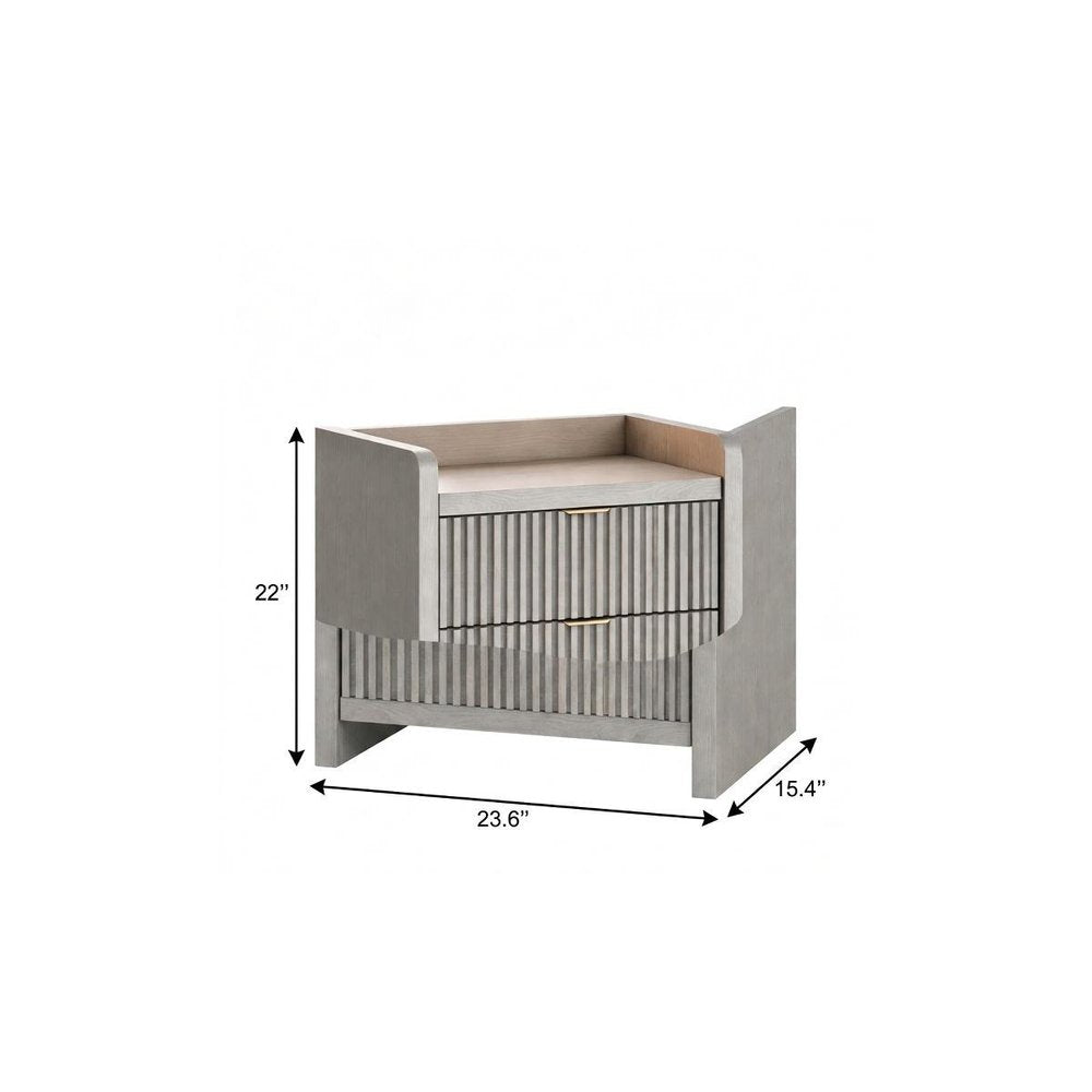 22" Gray Wood Ribbed Texture Two Drawer Nightstand with USB Port and Integrated Tech