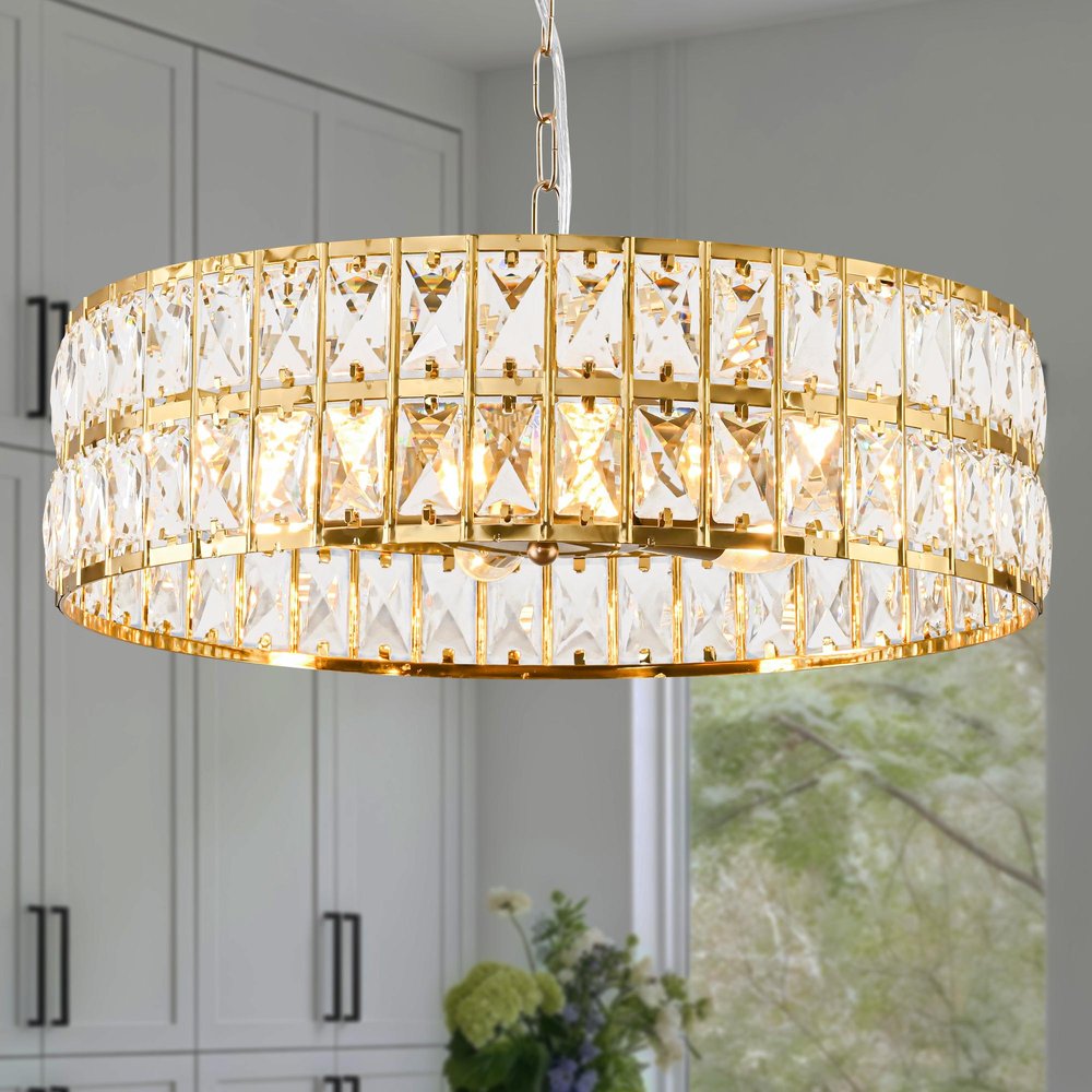 Black Kitchen Island Six Light Crystal and Rope Beveled Glass Flush Chandelier With Gold Shades