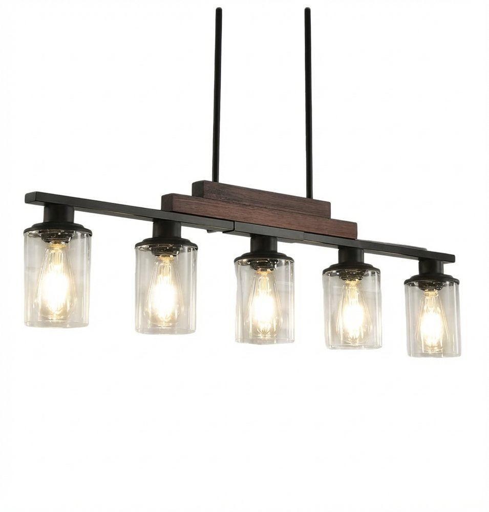 Black Kitchen Island Five Light Plastic and Wrought Iron Transparent Glass Flush Chandelier With Stone Shades