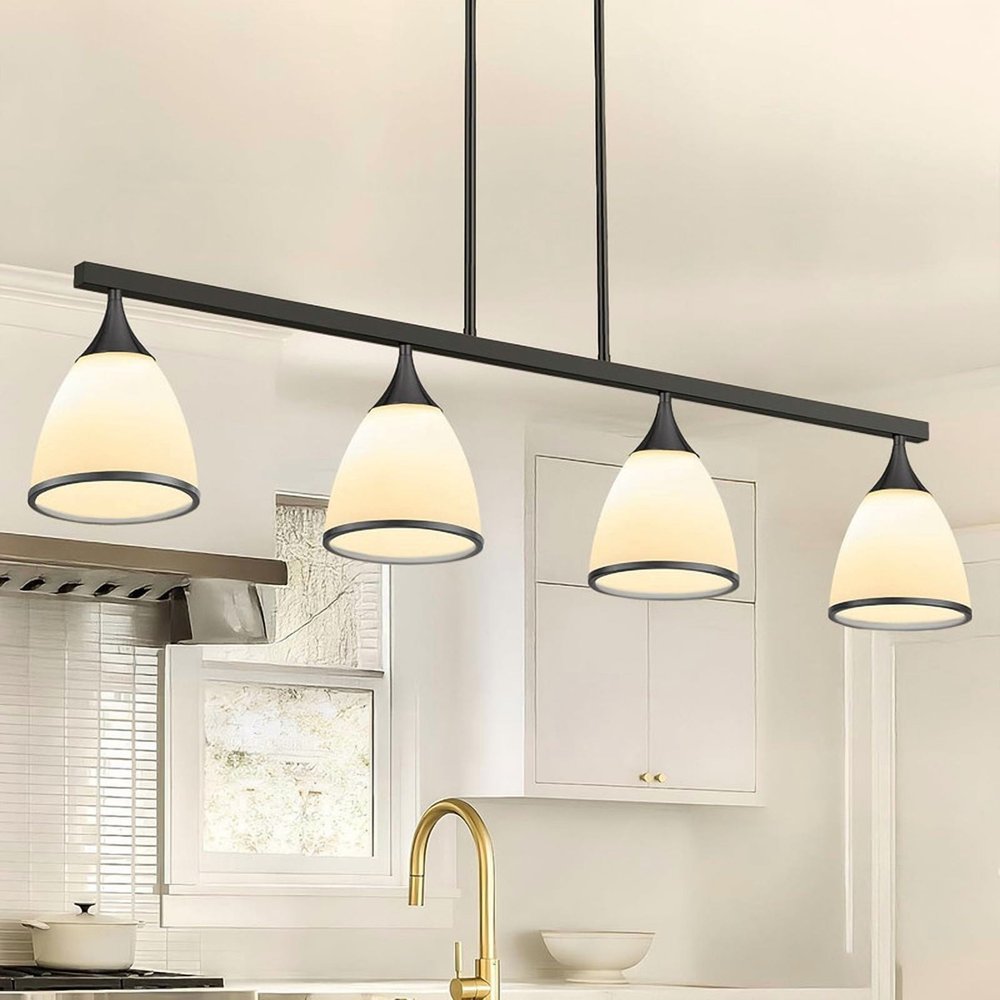 Black Kitchen Island Four Light Glass and Wrought Iron Frosted Glass Flush Chandelier With Black Shades