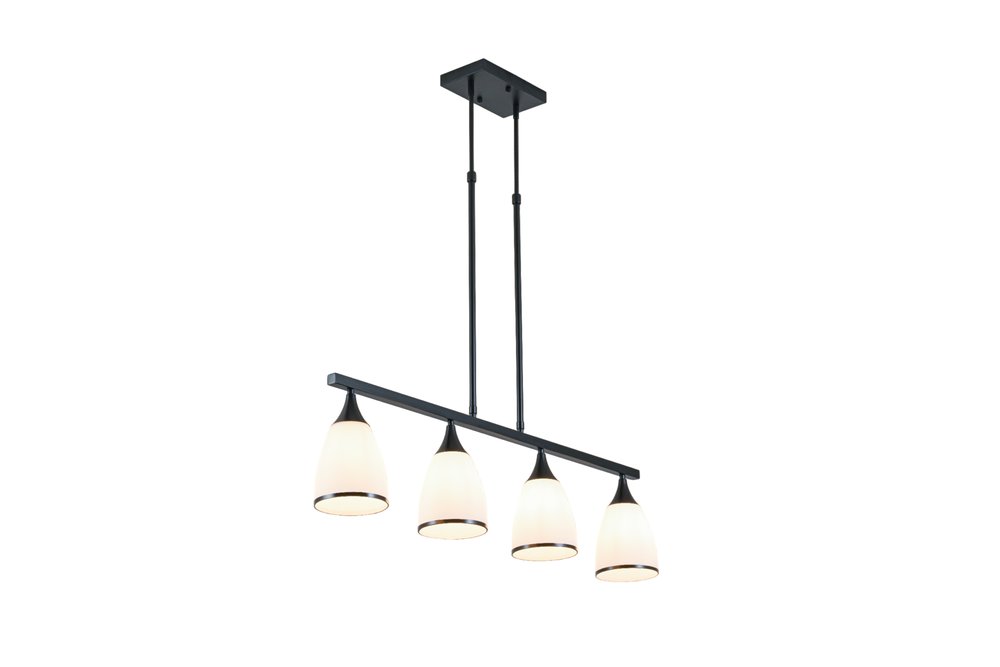 Black Kitchen Island Four Light Glass and Wrought Iron Frosted Glass Flush Chandelier With Black Shades