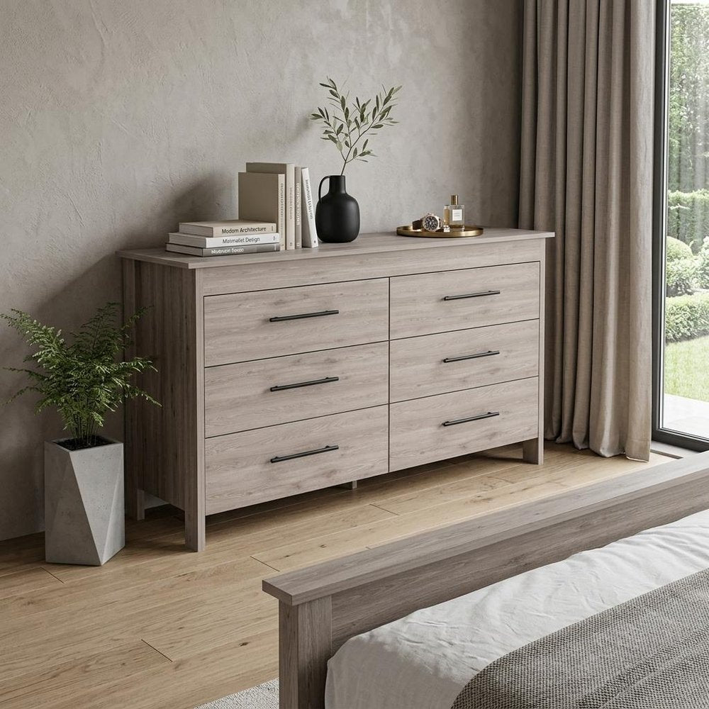 59" Light Gray Wood Six Drawer Double Dresser