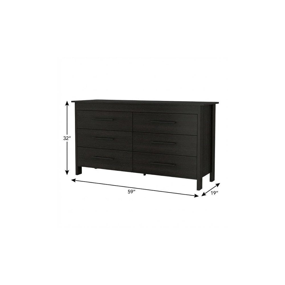 59" Black Wood Six Drawer Double Dresser