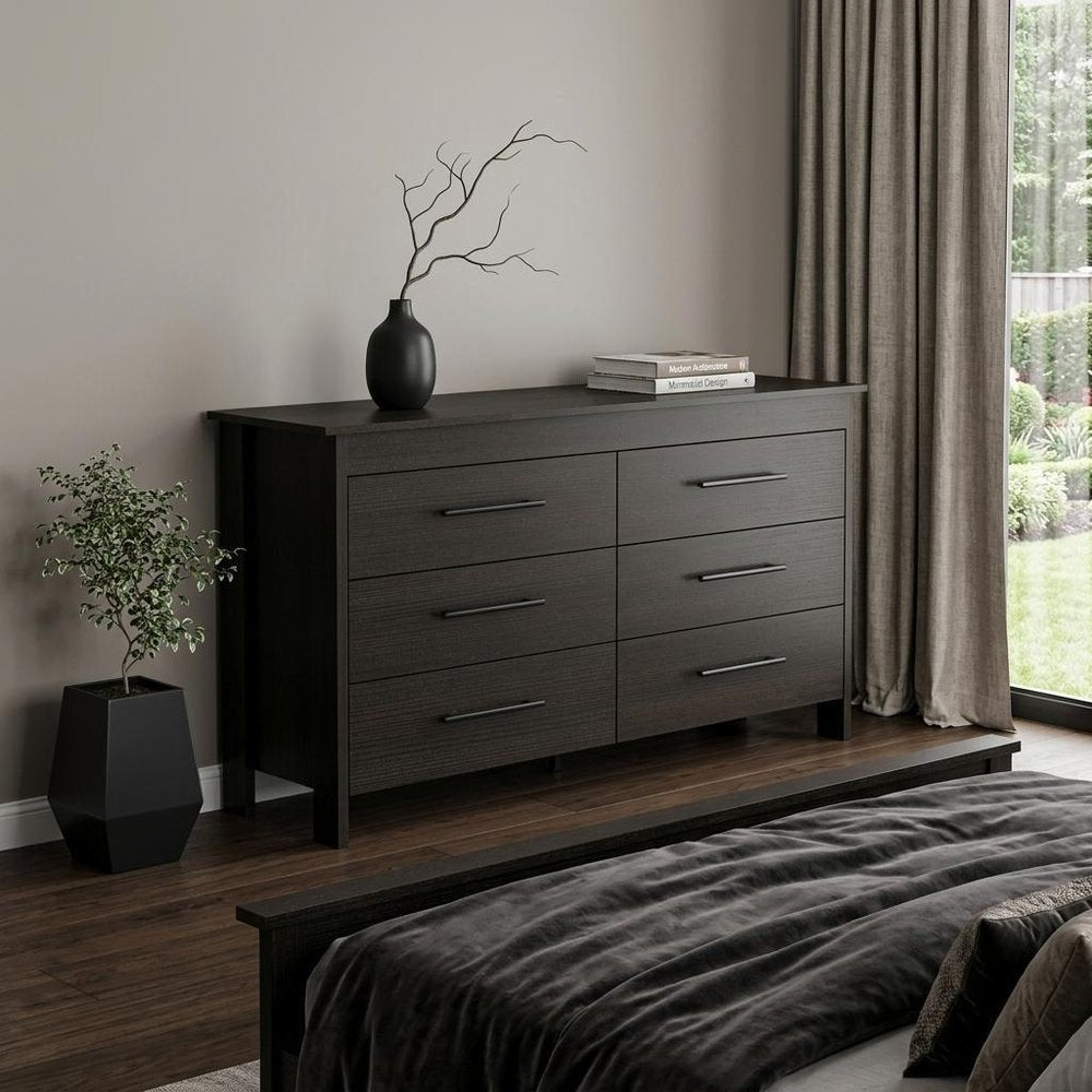 59" Black Wood Six Drawer Double Dresser