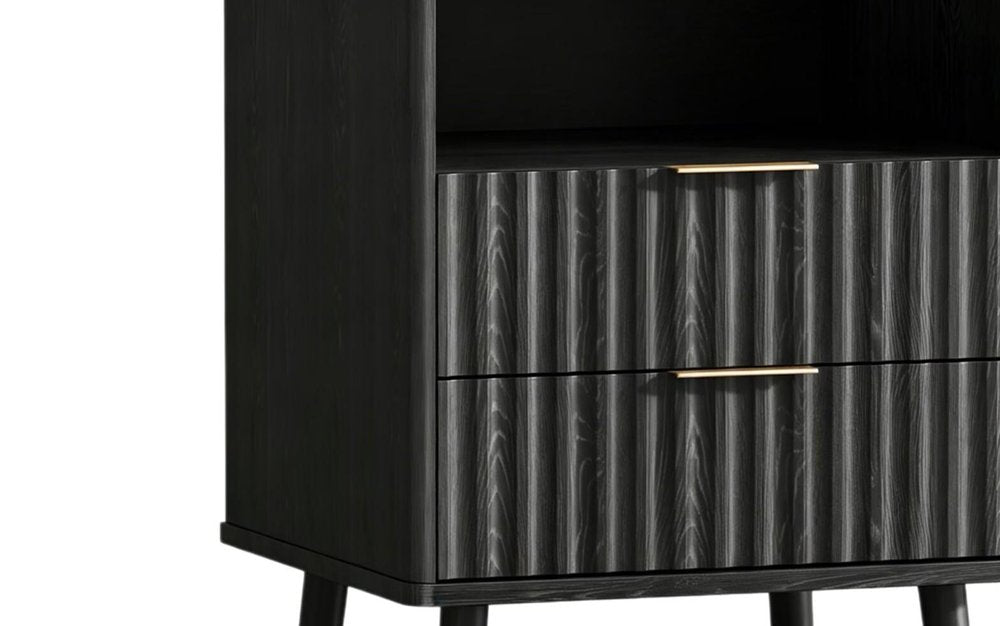 24" Black Wood Ribbed Texture Two Drawer Nightstand