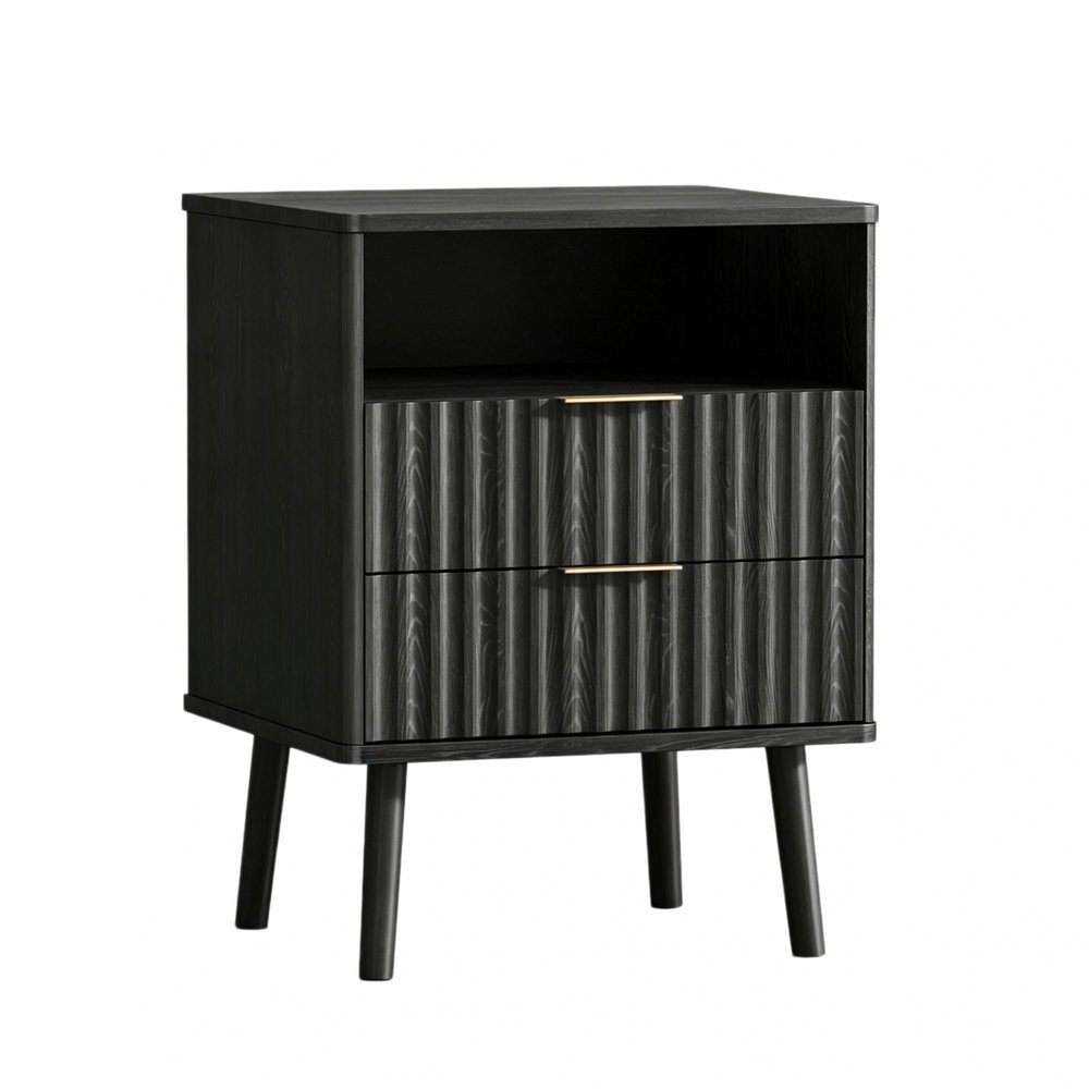 24" Black Wood Ribbed Texture Two Drawer Nightstand