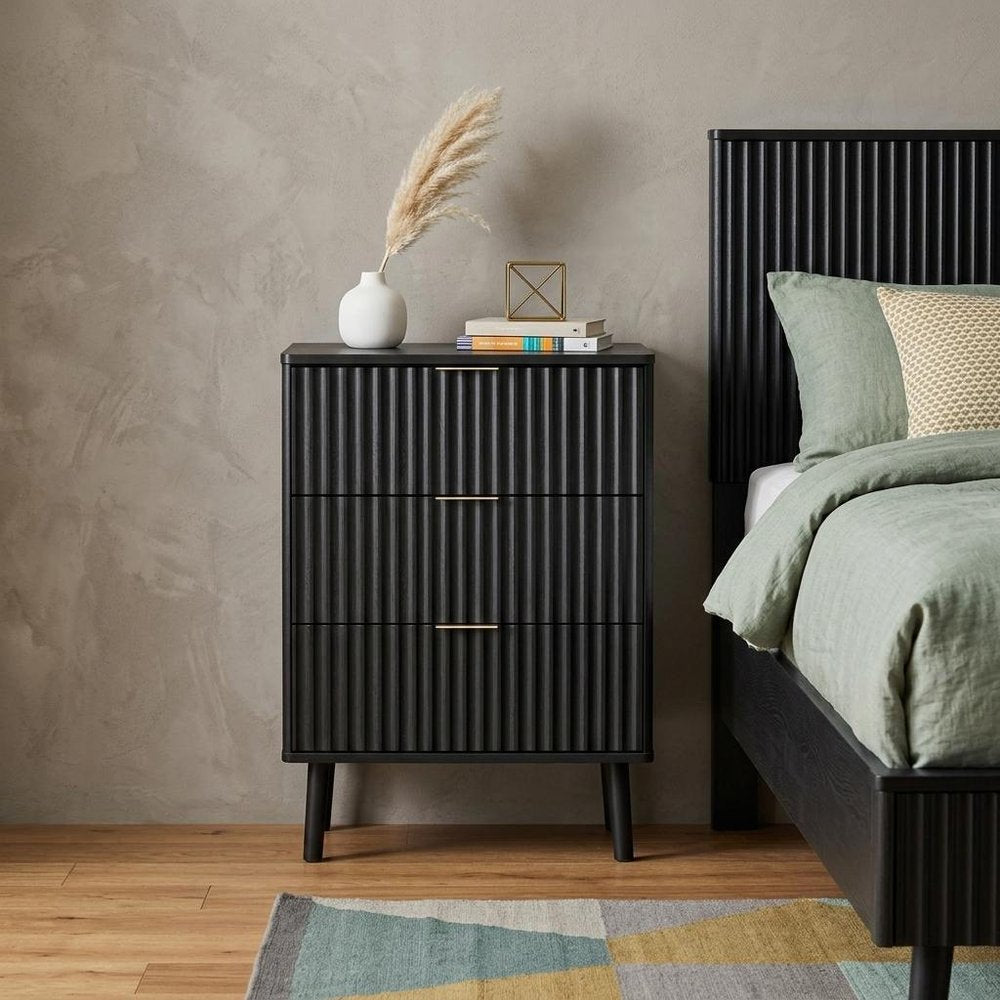 24" Black Wood Ribbed Texture Two Drawer Nightstand