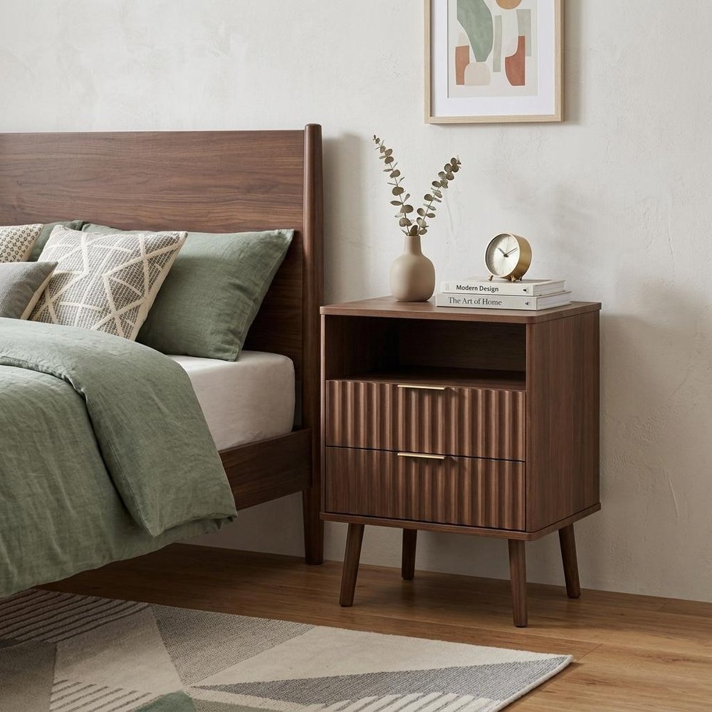 24" Black Wood Ribbed Texture Two Drawer Nightstand