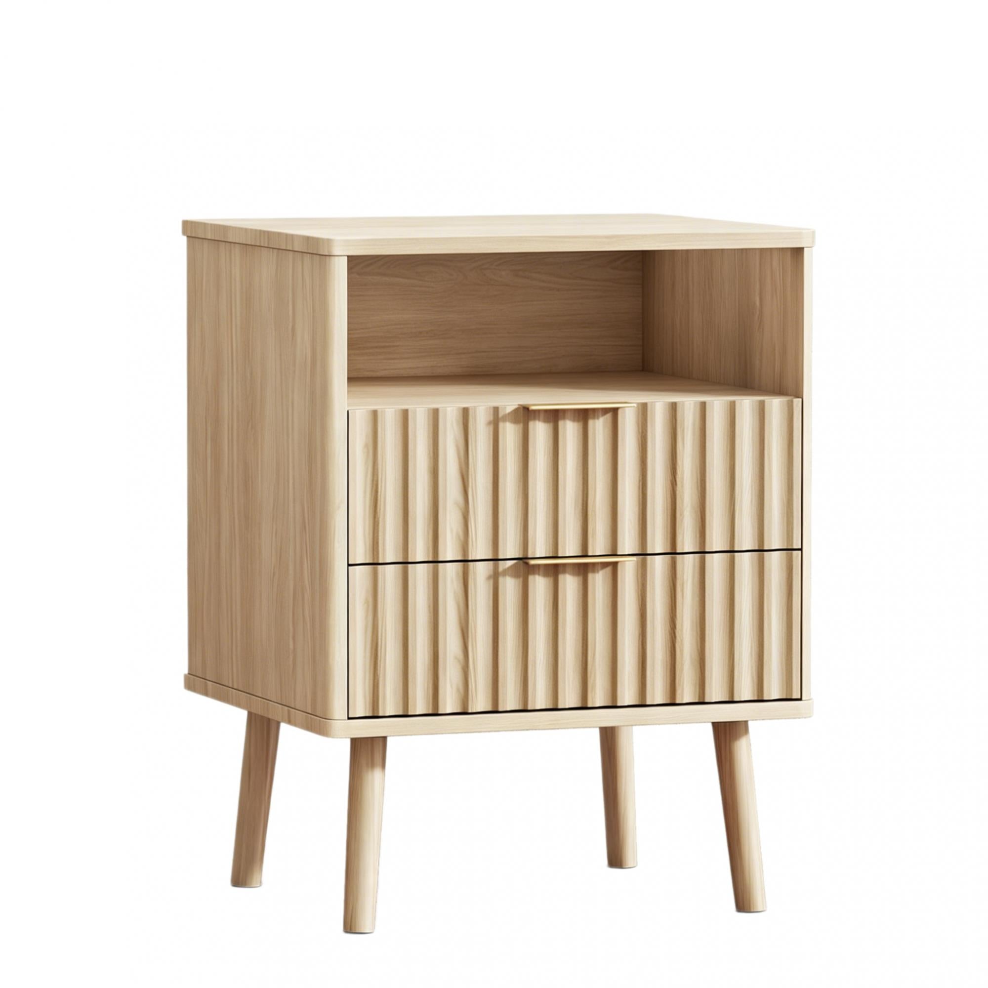 24" Natural Wood Ribbed Texture Two Drawer Nightstand