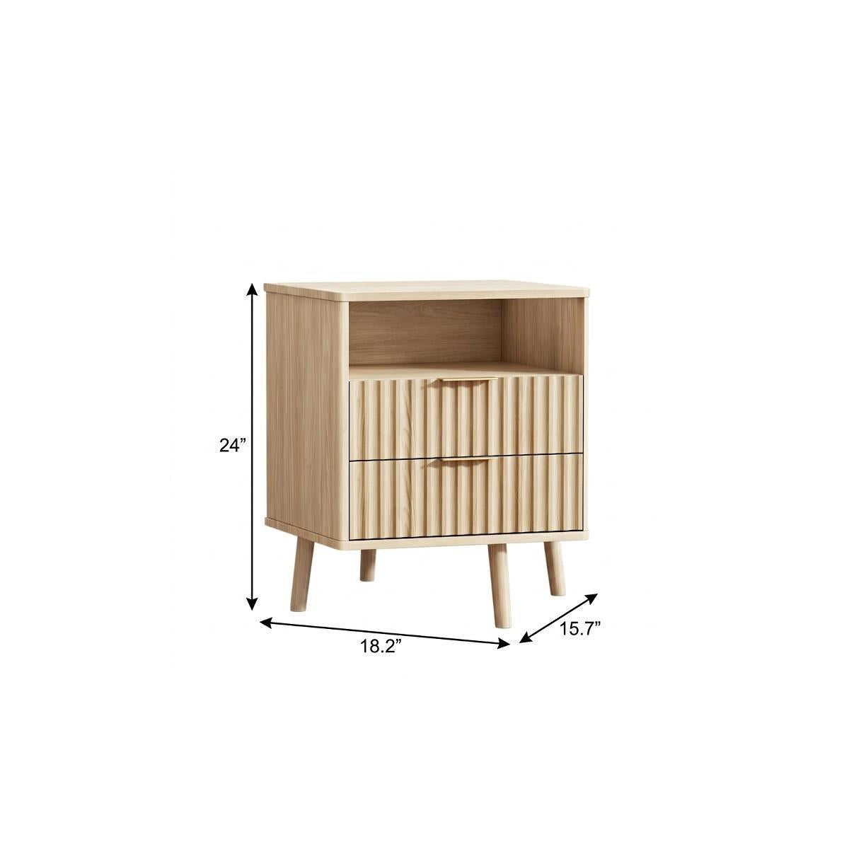 24" Natural Wood Ribbed Texture Two Drawer Nightstand