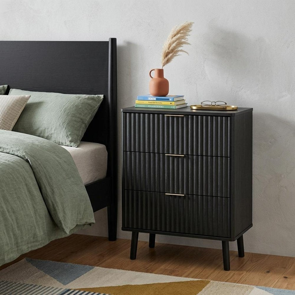 30" Black Wood Ribbed Texture Three Drawer Nightstand with USB Port