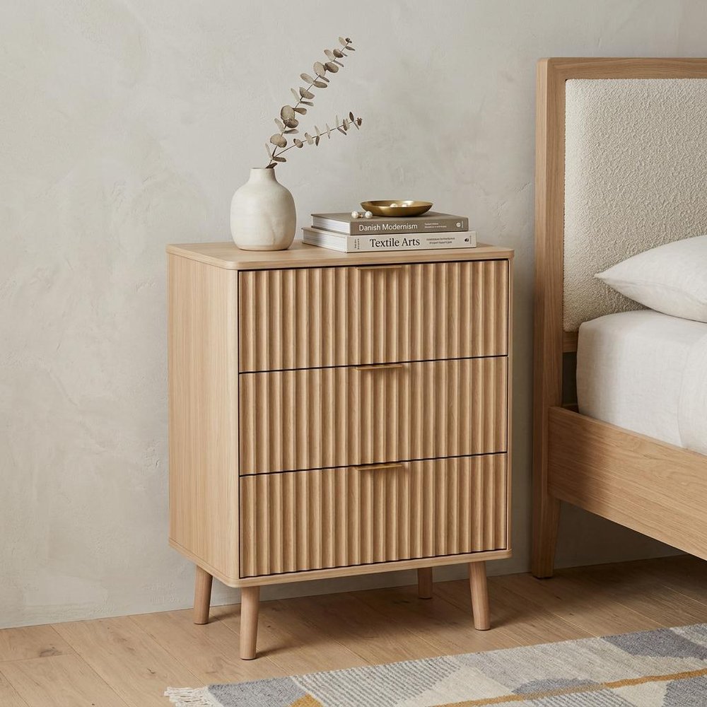30" Natural Wood Ribbed Texture Three Drawer Nightstand With USB