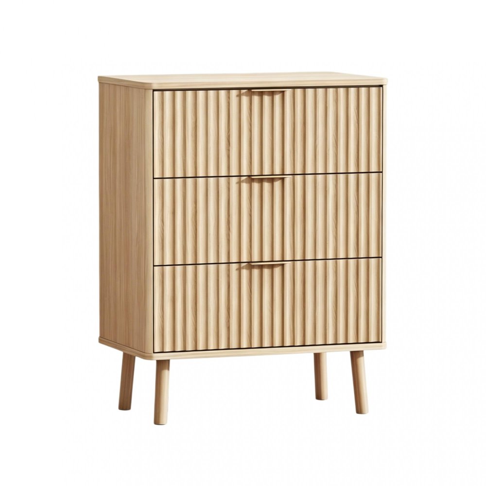 30" Natural Wood Ribbed Texture Three Drawer Nightstand With USB