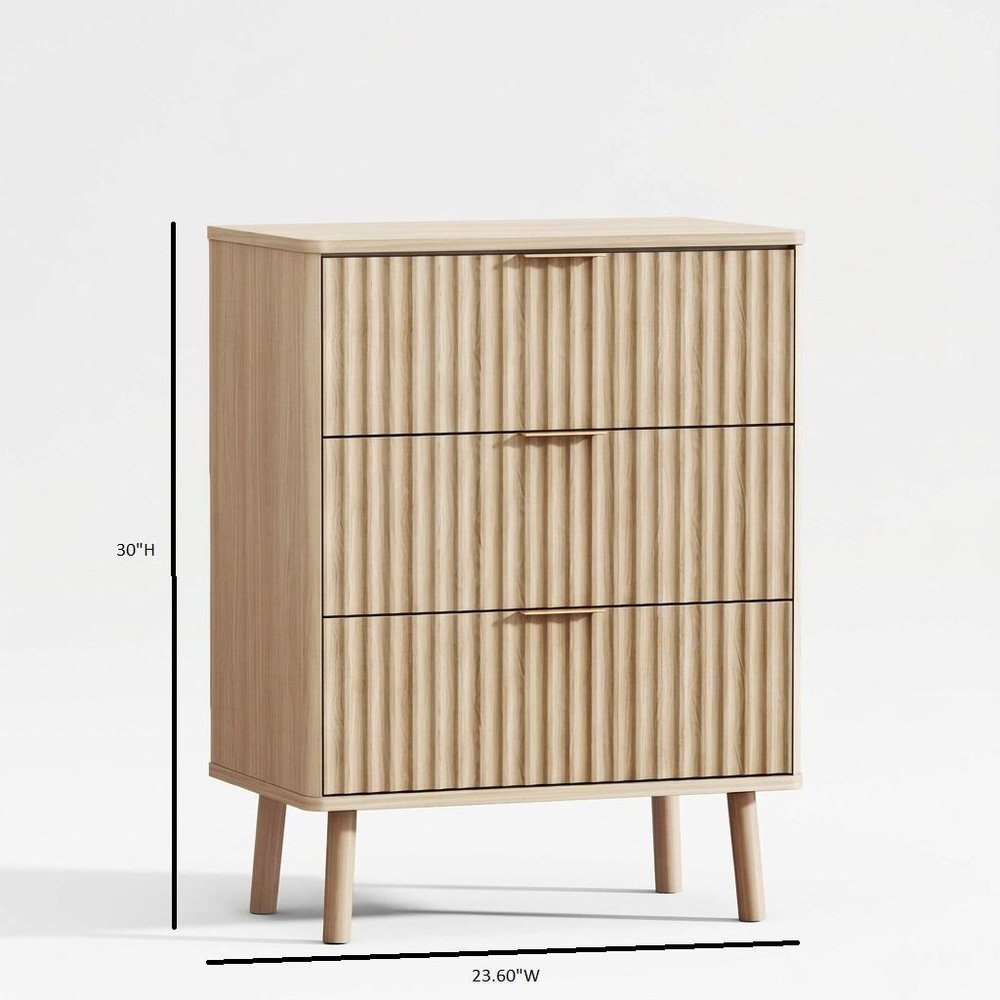 30" Natural Wood Ribbed Texture Three Drawer Nightstand With USB