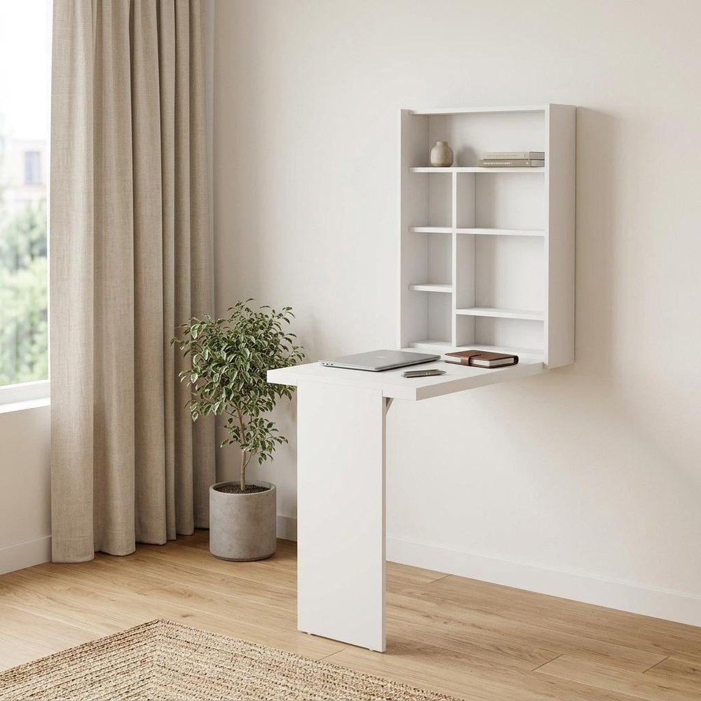 36" White Wood Wall Mounted Pedestal Computer Desk With Hutch