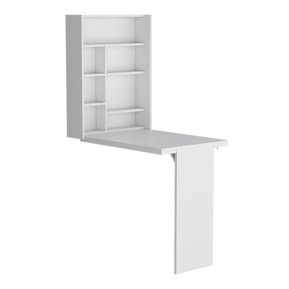 36" White Wood Wall Mounted Pedestal Computer Desk With Hutch