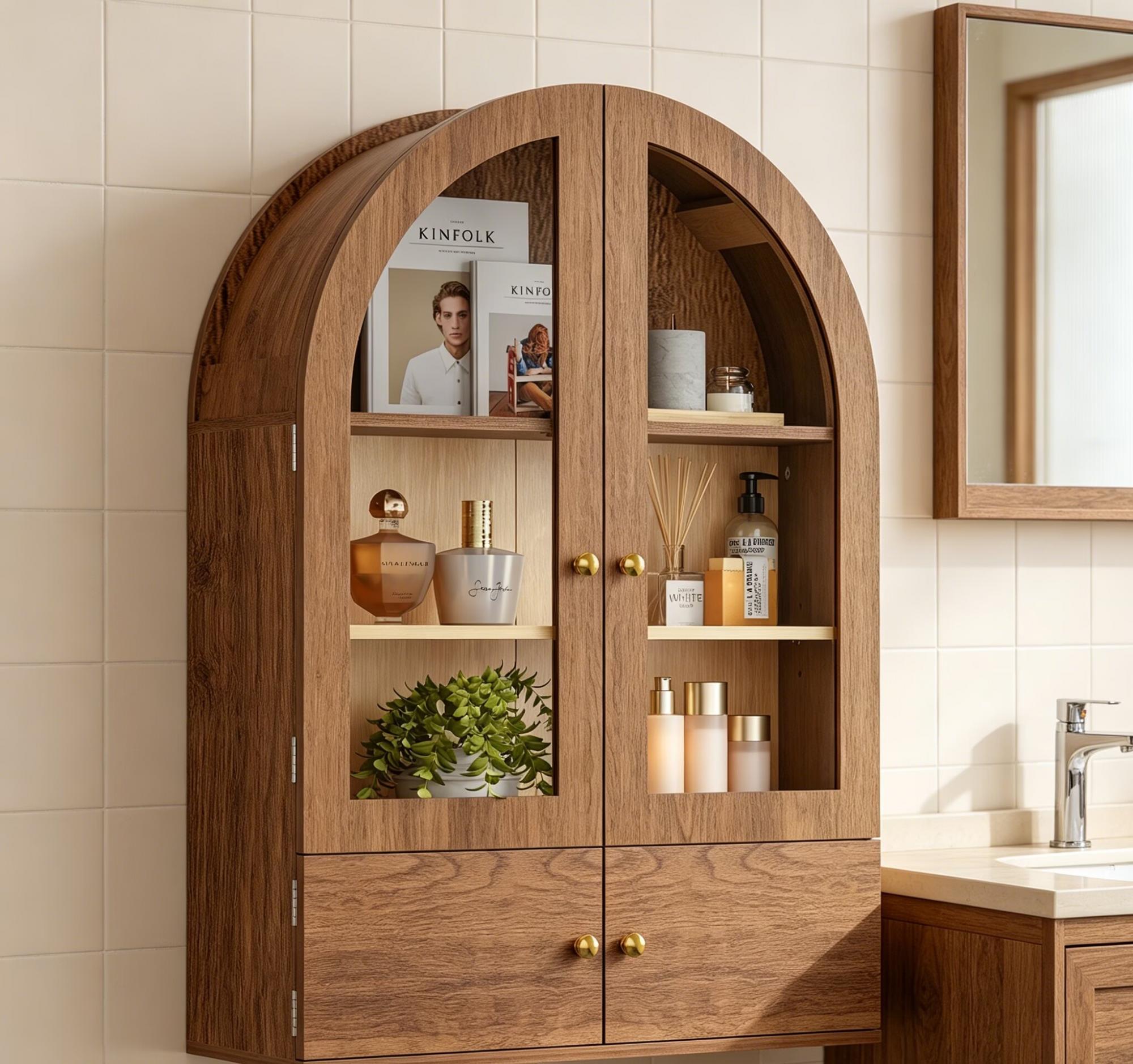 34" Brown Wood Wall Mounted Glass Panel Inlay Four Door Bathroom Cabinet