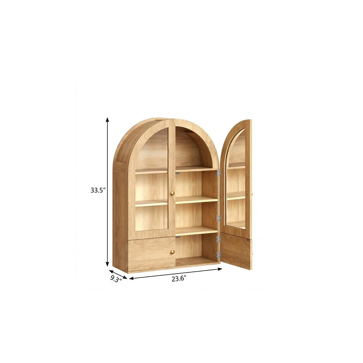 34" Natural Wood Wall Mount Arched Glass Panel Inlay Four Door Bathroom Cabinet