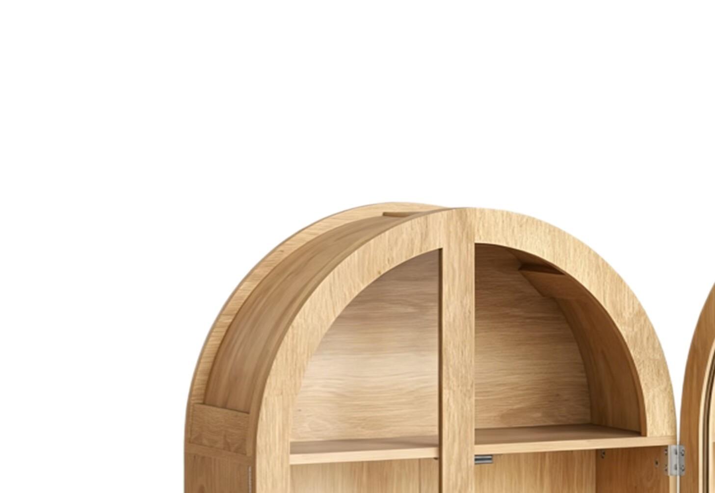 34" Natural Wood Wall Mount Arched Glass Panel Inlay Four Door Bathroom Cabinet