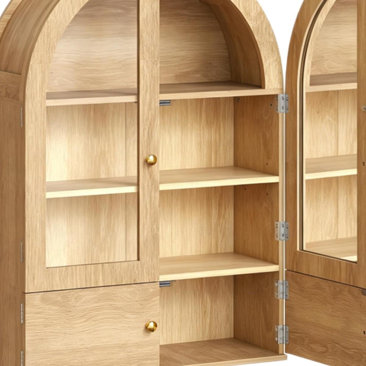 34" Natural Wood Wall Mount Arched Glass Panel Inlay Four Door Bathroom Cabinet
