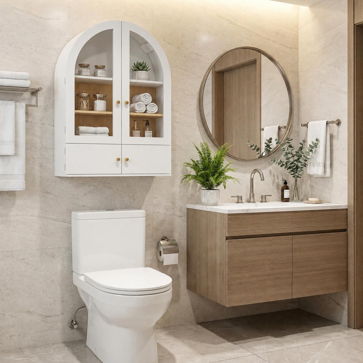 34" White Wood Wall Mounted Glass Panel Inlay Four Door Bathroom Cabinet