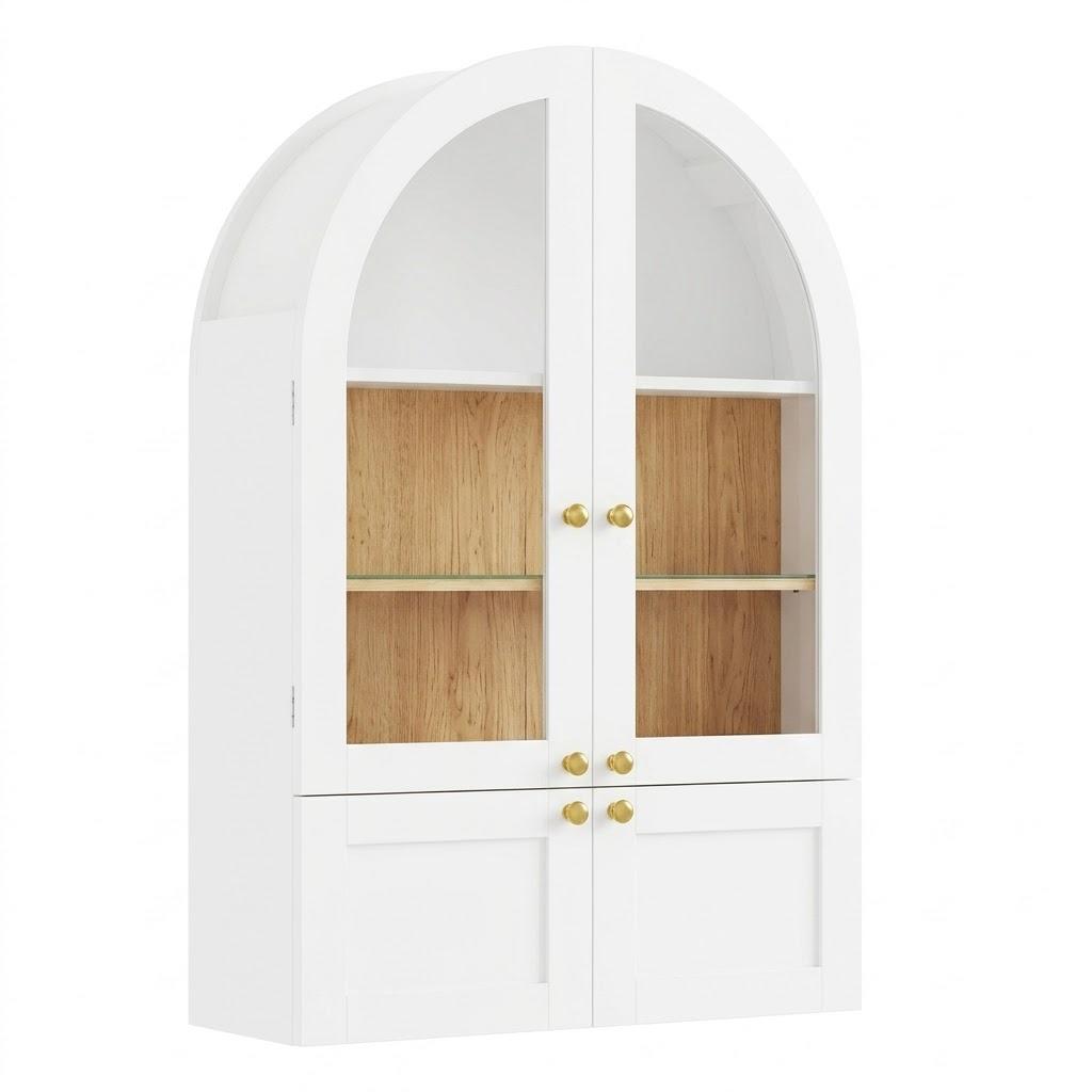 34" White Wood Wall Mounted Glass Panel Inlay Four Door Bathroom Cabinet